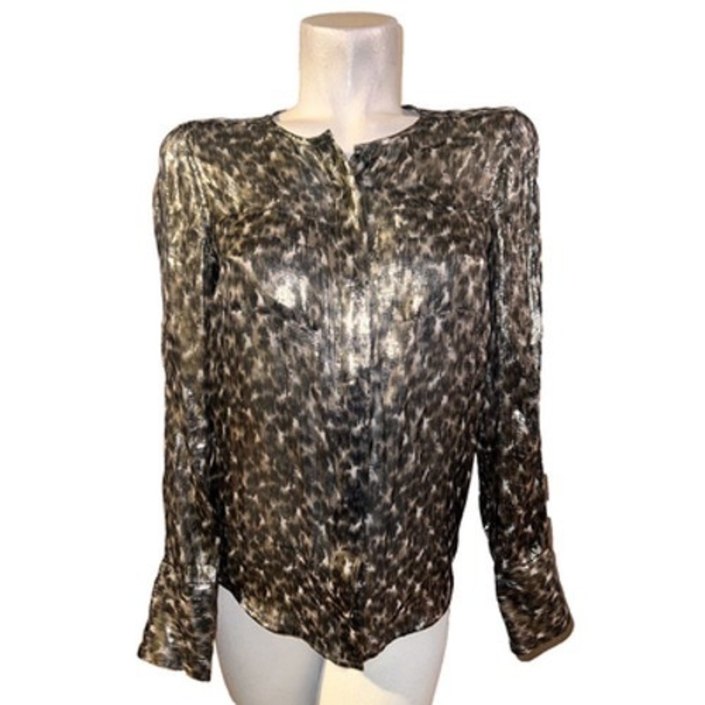 J.Crew Metallic Animal Print Silk Blend Roll Tab Blouse Gold Silver Top Womens 2